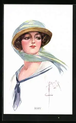 Künstler-AK Court Barber: Junge Frau mit blauer Binde und Schleierhut