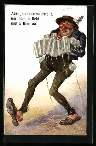 Künstler-AK Ernst Schlemo: Mann mit vielen Bierkrügen