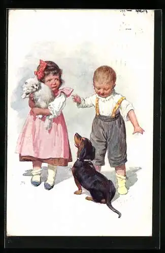 Künstler-AK Karl Feiertag: Mädchen rettet Katze vor Dackel