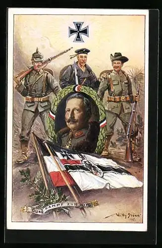 Künstler-AK Stoewer: Durch Kampf zum Sieg, Reichskriegsflagge, Kaiser Wilhelm II. von Preussen
