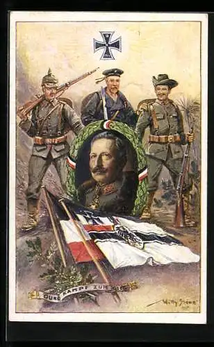 Künstler-AK Stoewer: Durch Kampf zum Sieg, Reichskriegsflagge, Kaiser Wilhelm II. von Preussen