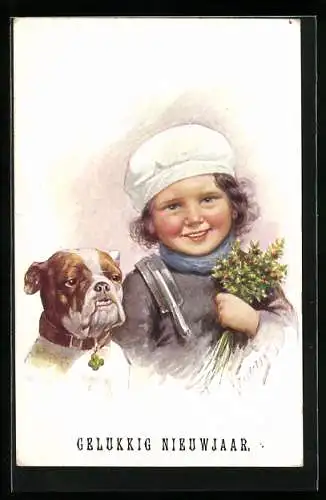 Künstler-AK Karl Feiertag: Junges Mädchen mit Misteln und ihrem Hund