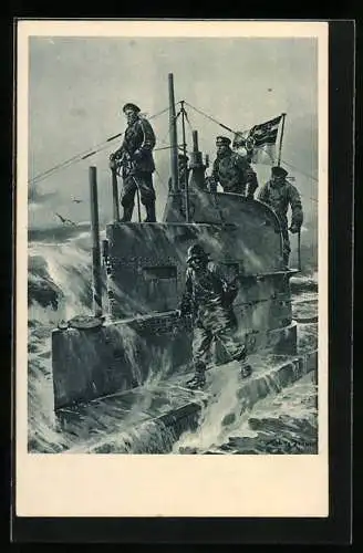 Künstler-AK Stoewer: Auf dem Kommandoturm eines Unterseebootes