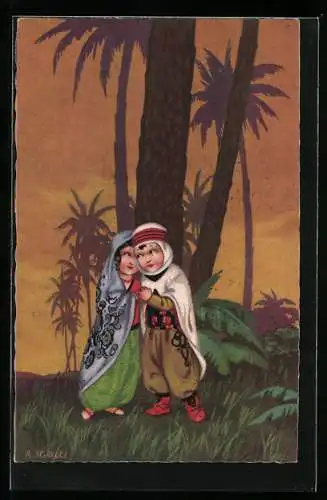Künstler-AK Roberto Sgrilli: Zwei Kinder unter Palmen