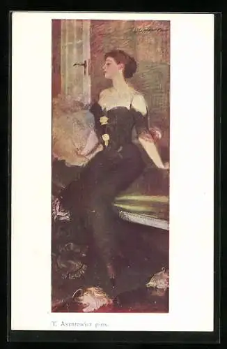 Künstler-AK Teodor Axentowicz: Elegante Dame in schwarzem Kleid auf Sofa