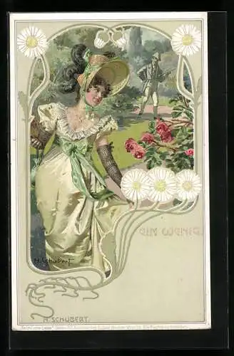 Künstler-AK Un peu, Kavalier folgt einer Dame in den Park, florale Jugendstil-Ornamentik