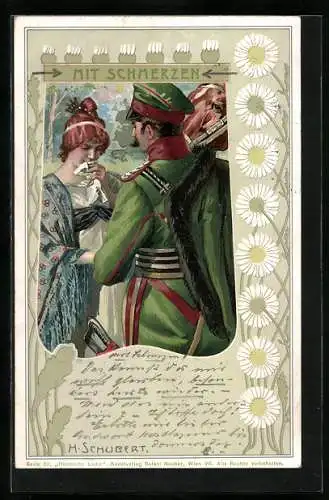 Künstler-AK H. Schubert: Mit Schmerzen, Soldat in Uniform beim Abschied von seiner Frau