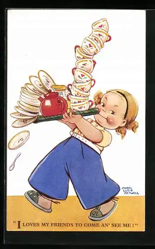 Künstler-AK Mabel Lucie Attwell: J`aime bien que mes amis viennent me voir, mais..., Frau mit überladenem Tablett