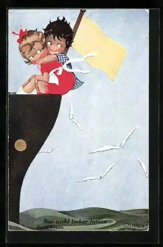 Künstler-AK Chicky Spark: Nur nicht locker lassen, Kinder sitzen auf Schiffsreling