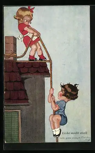 Künstler-AK Chicky Spark: Kinder klettern vom Dach
