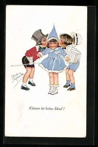 Künstler-AK Chicky Spark: Küssen ist keine Sünd`!, Zwei Jungs küssen Mädchen auf die Wangen