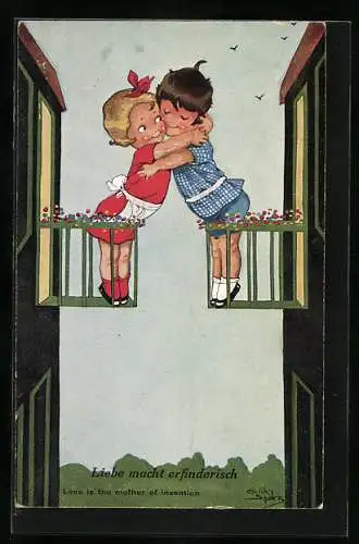 Künstler-AK Chicky Spark: Liebe macht erfinderisch, Pärchen umarmt sich über den Balkon