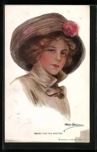Künstler-AK Philip Boileau: Ready for the Meeting, Fräulein im Mantel mit Hut