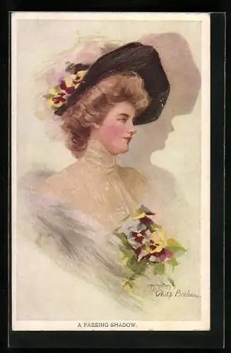 Künstler-AK Philip Boileau: A Passing Shadow, junge Frau mit Blumenstrauss und Hut wirft Schatten an die Wand