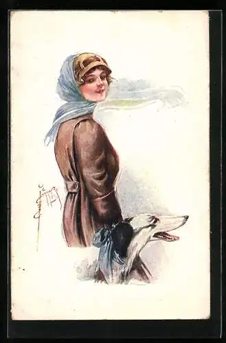 Künstler-AK Court Barber: Frau mit Windhund