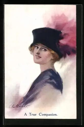 Künstler-AK Court Barber: Dame mit schwarzem Hut und roter Feder lächelt, A True Companion