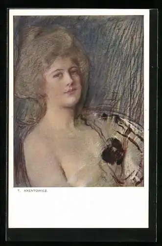 Künstler-AK Teodor Axentowicz: Dame in weissem Kleid zurückgelehnt