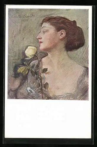 Künstler-AK Teodor Axentowicz: Damenportrait im Profil mit gelber Rose