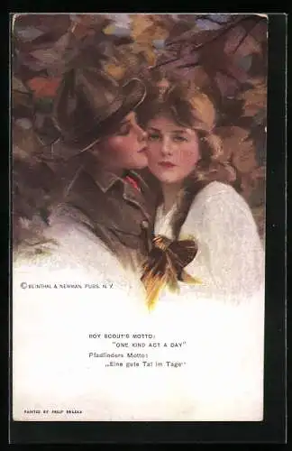 Künstler-AK Philip Boileau: Pfadfinder küsst junges Mädchen