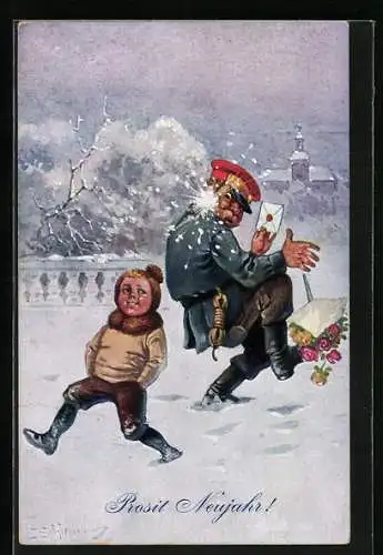 Künstler-AK Ernst Schlemo: Postbote wird mit Schneeball beworfen