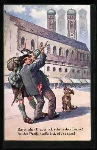 Künstler-AK Ernst Schlemo: Bruder Preiss und Kumpan blicken auf die Frauenkirche