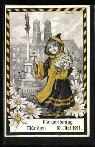 Künstler-AK F.Schlemo: München, Münchner Kindl zum Margeritentag 10. Mai 1911, Frauenkirche und Säule