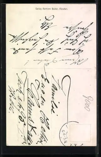 Künstler-AK F.Schlemo: München, Münchner Kindl zum Margeritentag 10. Mai 1911, Frauenkirche und Säule