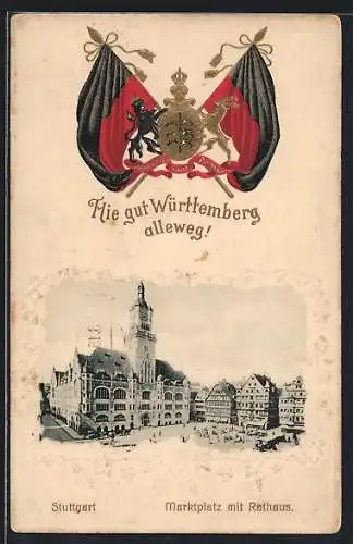 Passepartout-Lithographie Stuttgart, Marktplatz mit Rathaus, Fahne und Wappen