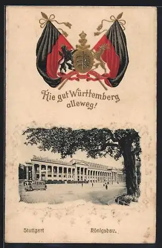 Passepartout-Lithographie Stuttgart, Strassenbahn vor dem Königsbau, Fahne und Wappen