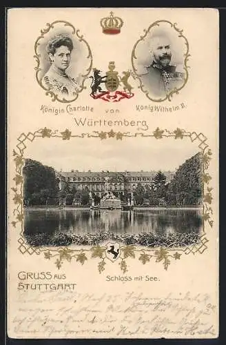 AK Stuttgart, Schloss mit See, König Wilhelm II. & Königin Charlotte von Württemberg