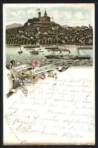 Lithographie Hamburg-Blankenese, Dampfer vor dem Süllberg