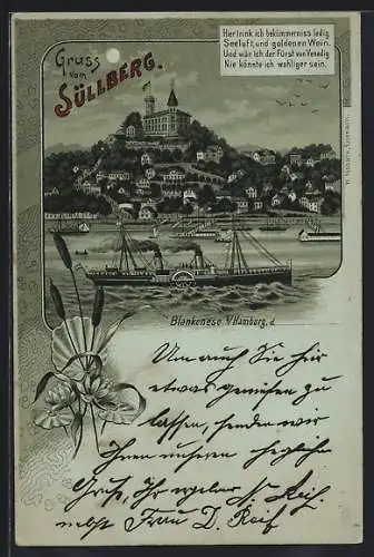 Mondschein-Lithographie Blankenese b. Hamburg, Dampfer vor dem Süllberg