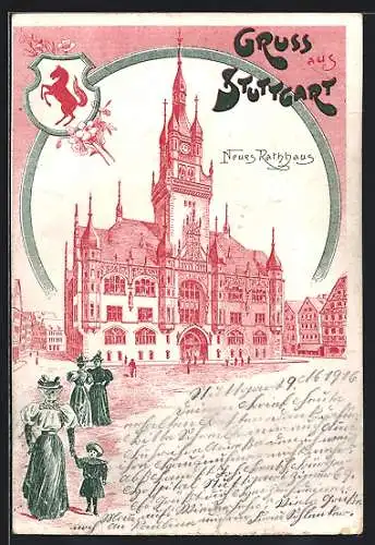 Lithographie Stuttgart, Blick auf das neue Rathaus