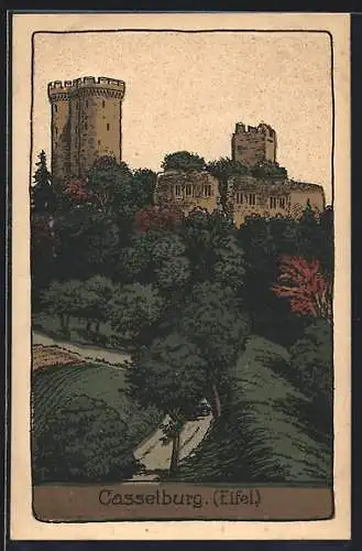 Steindruck-AK Pelm /Eifel, Blick auf die Casselburg
