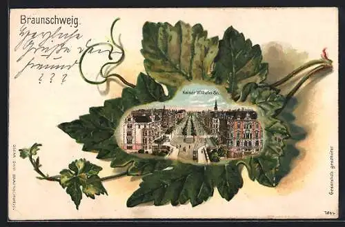 Passepartout-Lithographie Braunschweig, Kaiser Wilhelm Strasse in einem Weinblatt