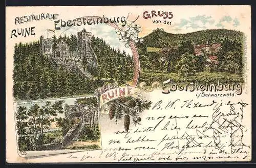 Lithographie Ebersteinburg i. Schwarzwald, Restaurant und Ruine Alt Ebersteinburg
