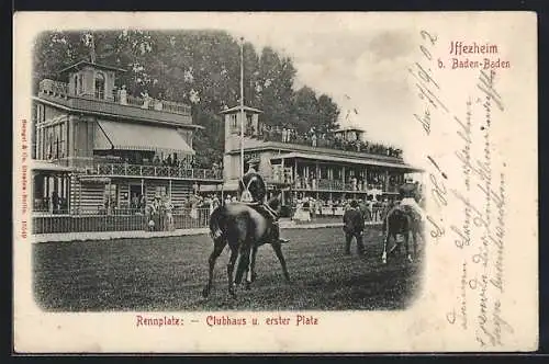 AK Iffezheim, Rennplatz, Clubhaus und erster Platz, Tribüne der Pferderennbahn