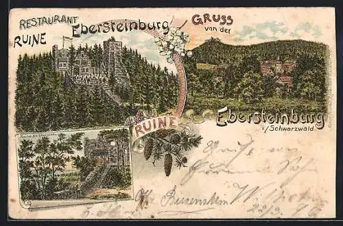 Lithographie Ebersteinburg i. Schwarzwald, Restaurant Ruine Ebersteinburg