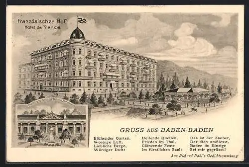 AK Baden-Baden, Französischer Hof Hotel de France, Trinkhalle mit Kaiser Wilhelm-Monument