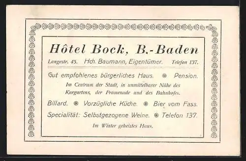 AK Baden-Baden, Strasse des Ortes mit Hotel zum Bock von H. Baumann