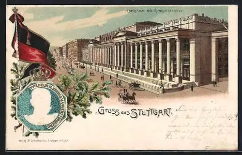 Passepartout-Lithographie Stuttgart, Königsbau mit Königsstrasse, Wilhelm II. und Fahne