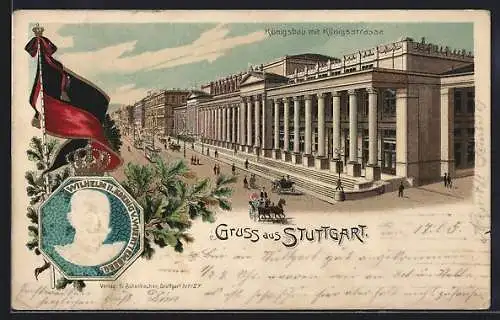 Passepartout-Lithographie Stuttgart, Königsbau mit Königsstrasse, Wilhelm II. und Fahne
