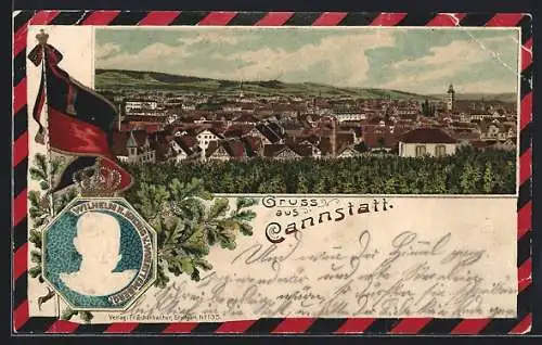 Passepartout-Lithographie Cannstatt, Stadtansicht, Wilhelm II. und Fahne
