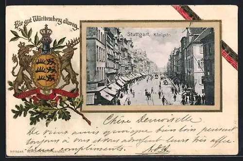 Passepartout-Lithographie Stuttgart, Königstr., Wappen und Eichenzweig