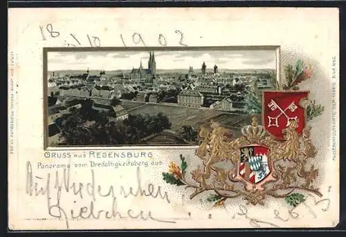 Passepartout-Lithographie Regensburg, Panorama vom Dreifaltigkeitsberg aus, Wappen, Neujahrsgruss
