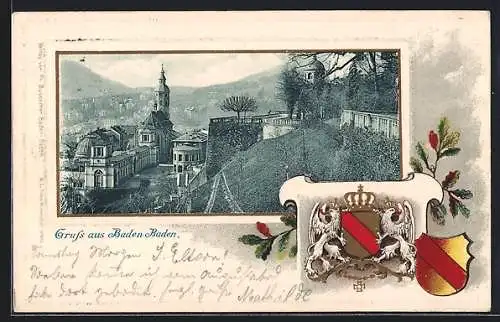 Passepartout-Lithographie Baden-Baden, Teilansicht mit Kirche, Wappen mit Eichenzweig