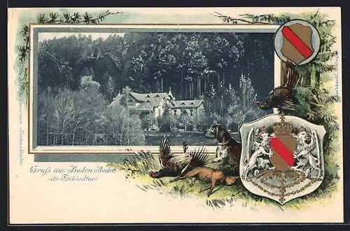 Passepartout-Lithographie Baden Baden, Fischkultur, Jagdhund und Wappen