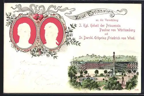 Lithographie Stuttgart, Erinnerung an die Vermählung Prinzessin Pauline von Württemberg mit Erbprinz Friedrich von Wied