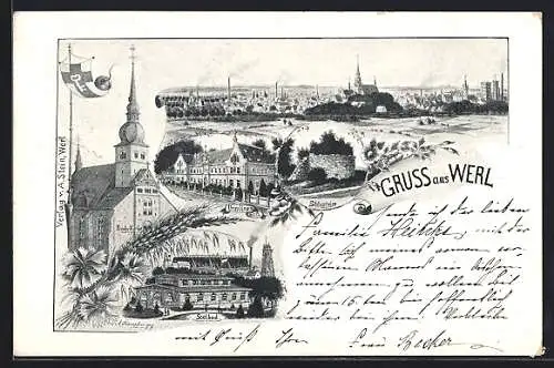 AK Werl, Kirche, Soolbad, Ursulinen Stift, Schlossruine, Totalansicht