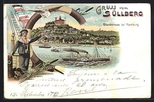 Lithographie Hamburg-Blankenese, Süllberg mit Restaurant von der Elbe betrachtet
